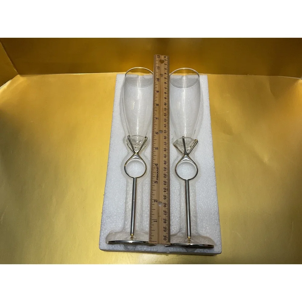 Godinger Silver Diamonds Champagne Flutes Set of 2 Silver Plated Ring Stem 6706